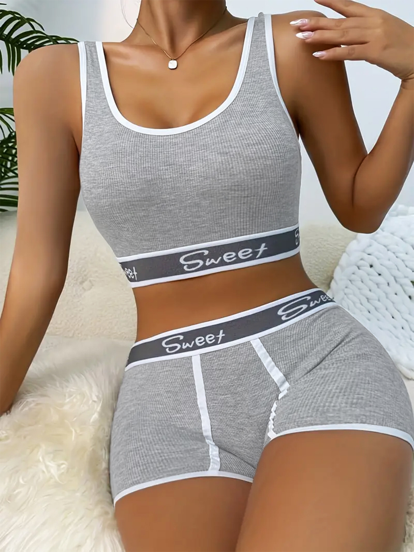 "Letter Print Bra Panties Ribbed Wireless Bra Elastic Panties "
